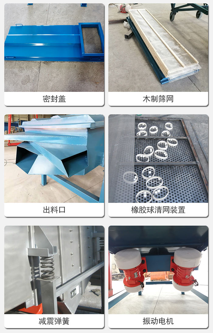 直線篩結構展示：篩網，篩箱，振動電機，振動電機座，減震彈簧，支架等部件展示圖