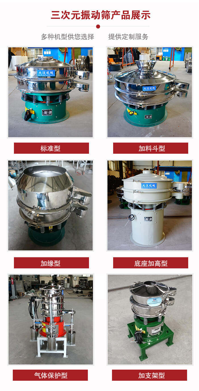三次元振動篩不同結(jié)構(gòu)展示：標準型，加料斗型，加緣型，底座加高型，氣體保護型，加支架型。