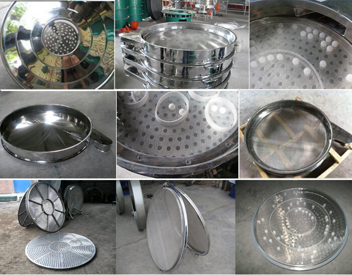 食品振動篩細節展示：防塵蓋，篩框，網架，底框等。